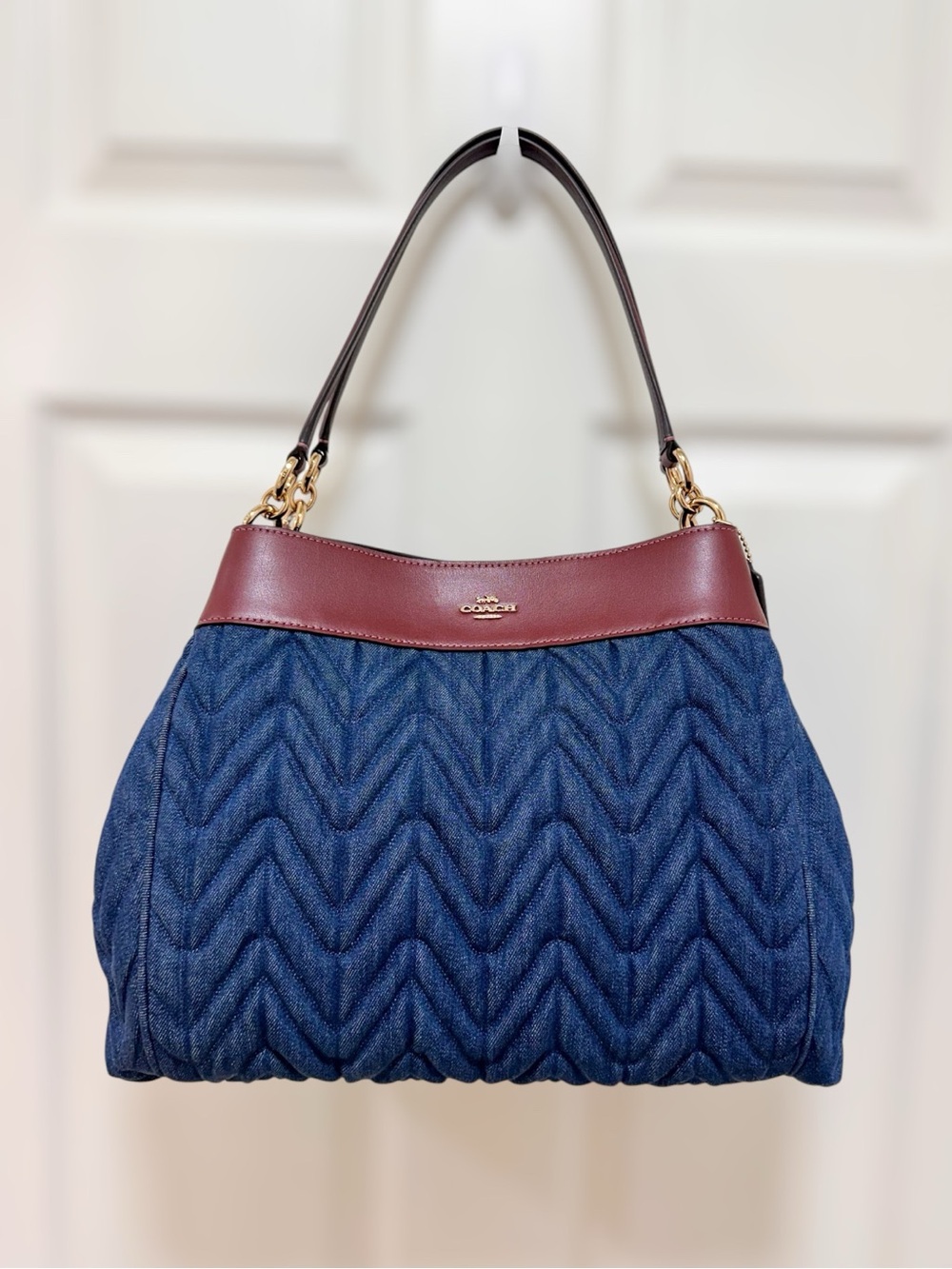 Coach Lexy Quilted Denim Shoulder Bag Indigo Oxblood Burgundy F66925